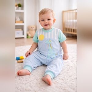 Vintage Buster Brown Baby Giraffe Romper 12 Months Blue Striped Balloon